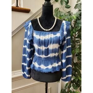 True Craft Women Blue & White Cotton Square Neck Long Sleeve Top Blouse Size XS